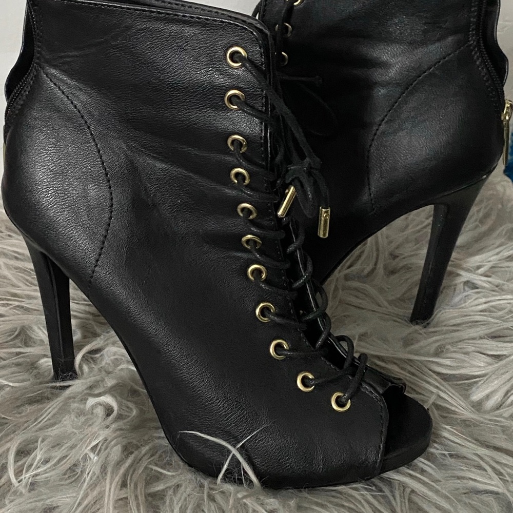 Black W/ Gold Lace Up Boot Heels